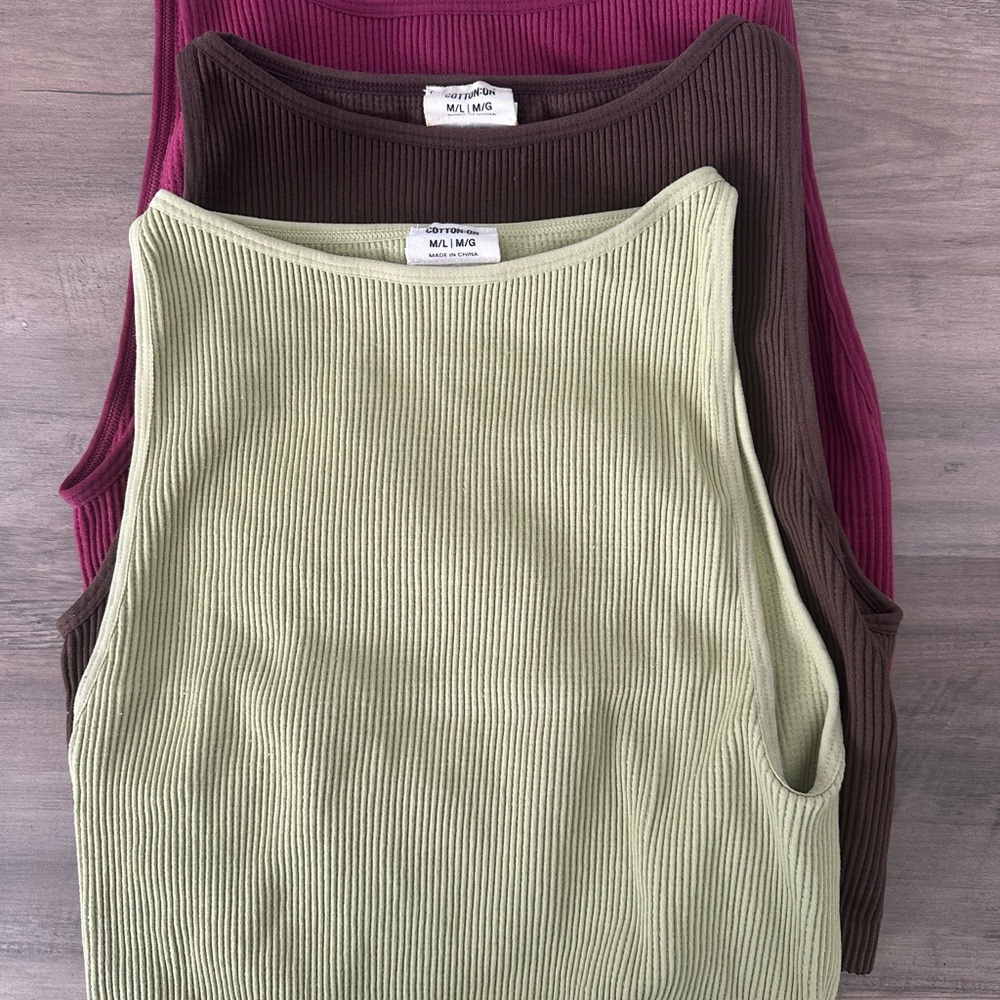 Ribbed Tank Tops in Green, Brown, and Pink